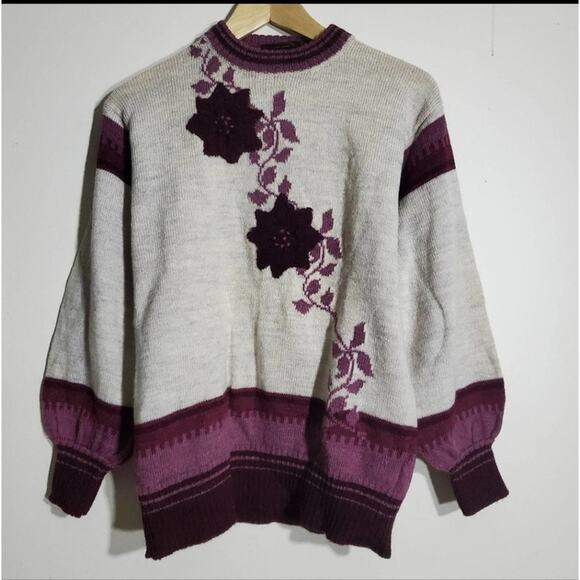 Clover Casuals British Wool balloon sleeve floral sweater M medium - Picture 2 of 4